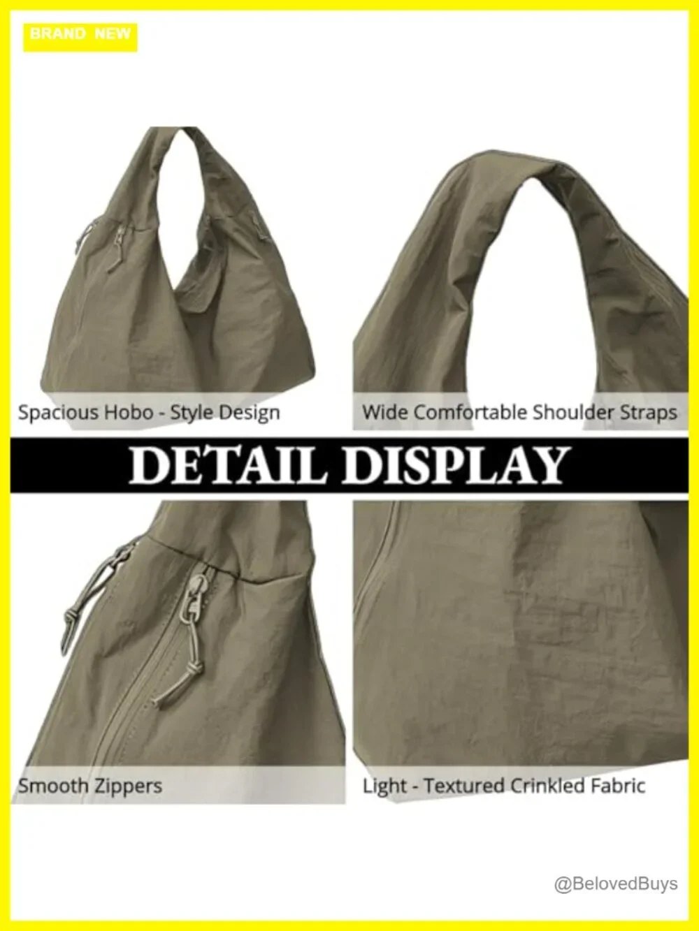 Large Nylon Slouchy Tote Bag with Multiple Pockets Shoulder Hobo for Travel Gym